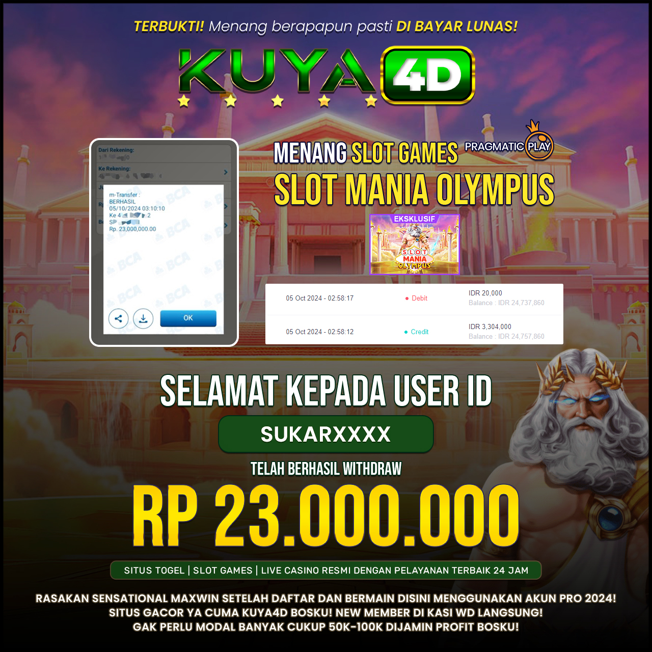 BUKTI JP SLOT MANIA OLYMPUS ID SUKARXXXX