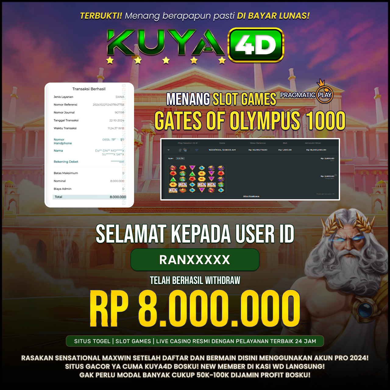 BUKTI JP GATES OF OLYMPUS 1000 ID RANXXXX